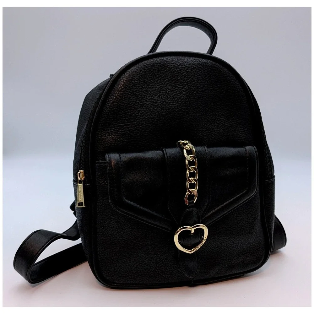 Juicy Couture Black Mini Backpack Gold Heart Chain Detail Pebbled Faux Leather